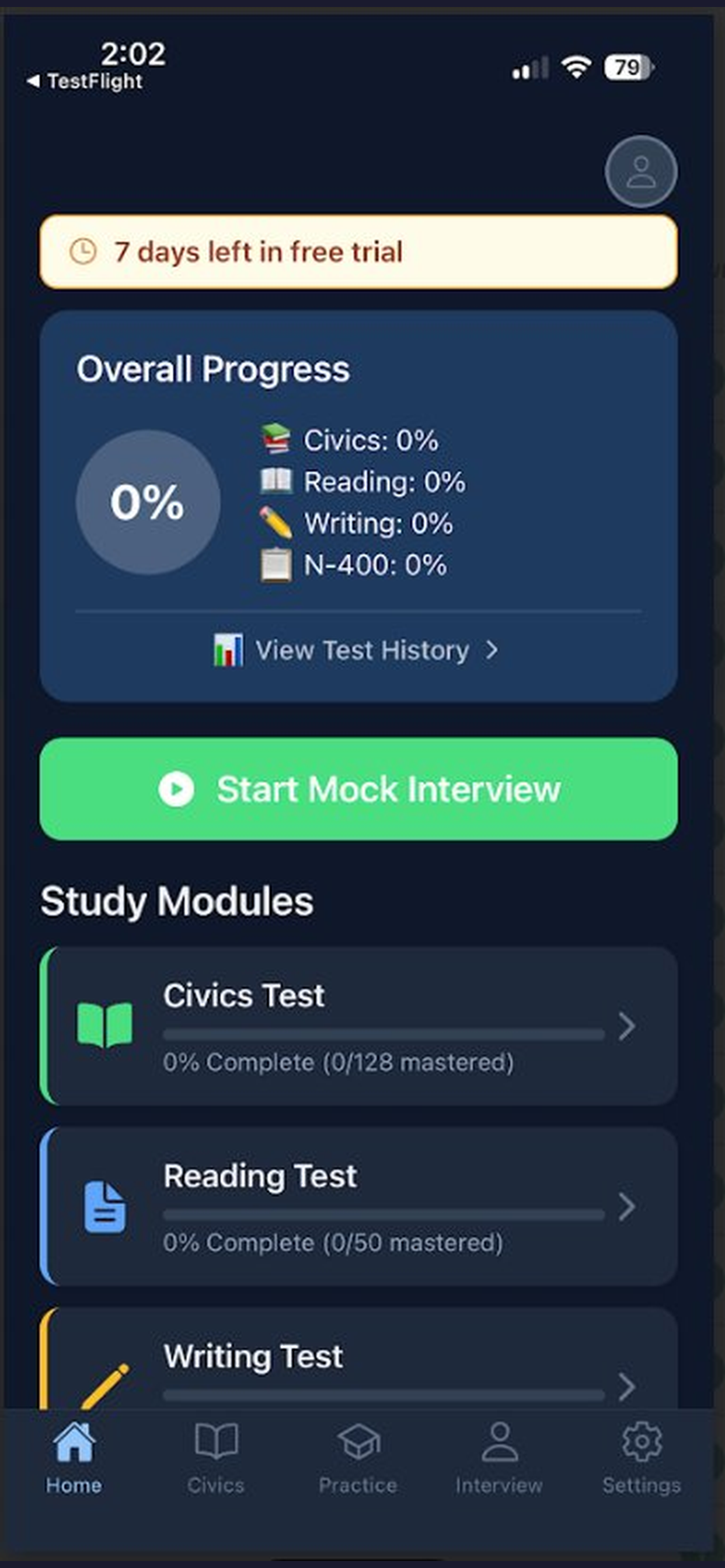 Home Screen with 7-Day Free Trial